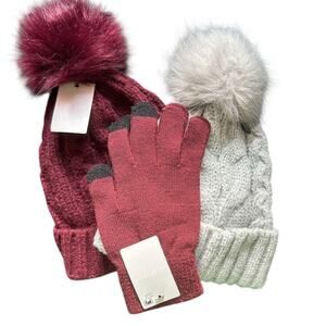 West Loop Women's Winter Warm Bundle Pom Beanie X 2 + Gloves NWT